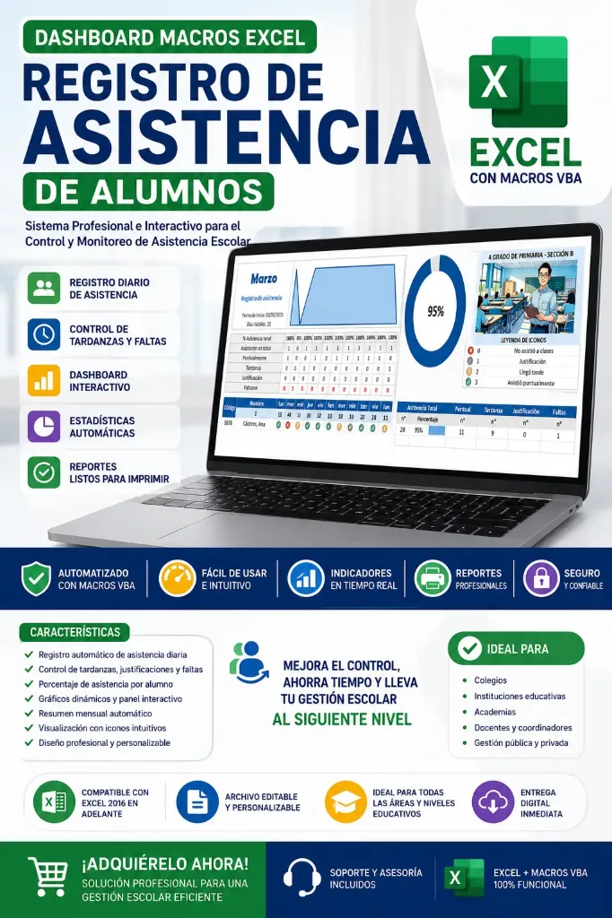 Cod.023: Dashboard Macros Excel Registro de Asistencia de Alumnos