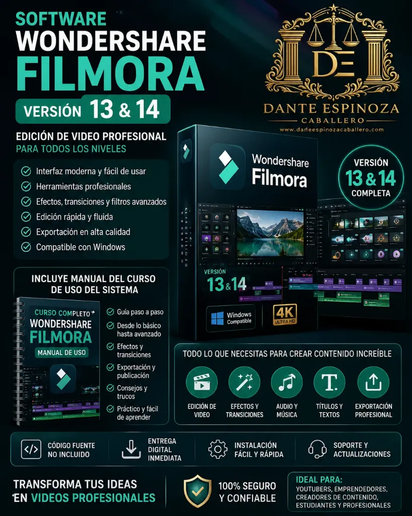 Cod.028: Software Wondershare Filmora Versiones 13 y 14 Edición de Video Profesional + Manual Completo del Curso
