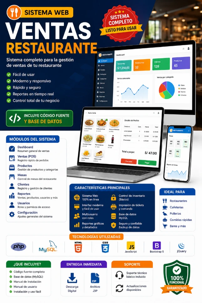 Cod.027: Sistema Web de Ventas para Restaurante
Incluye Código Fuente + Base de Datos